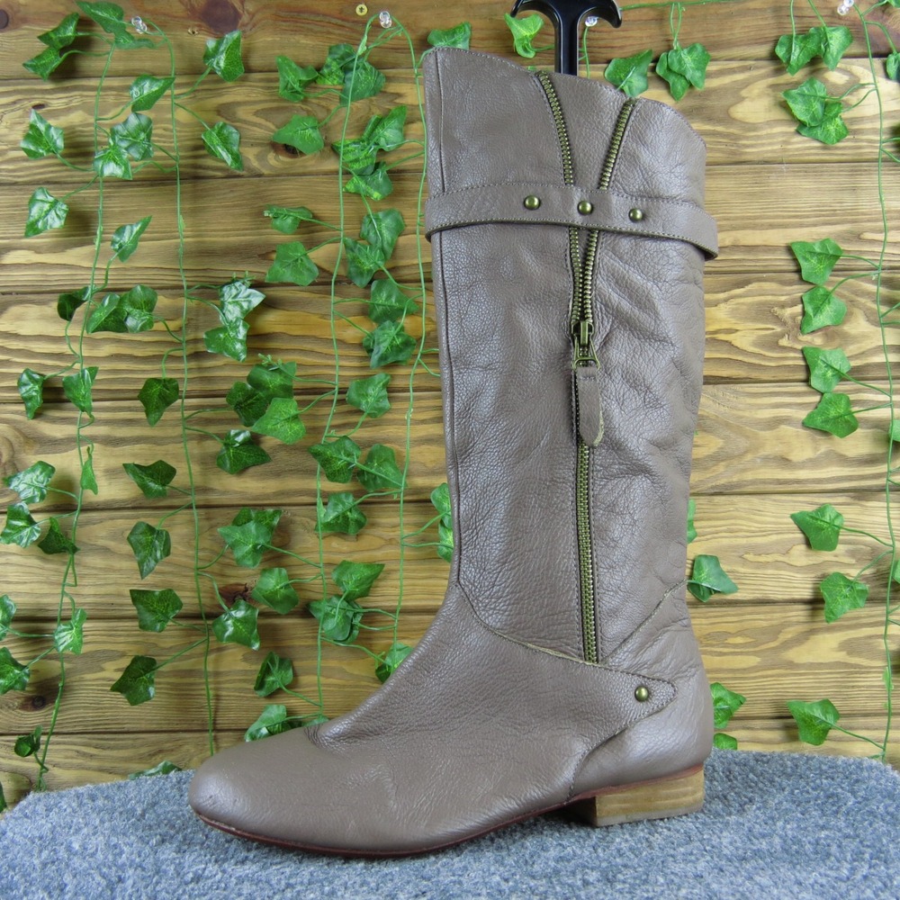 Fiel Women 8.5 Taupe Leather Knee High Boots‎ Zip Strap Detail Low Heel